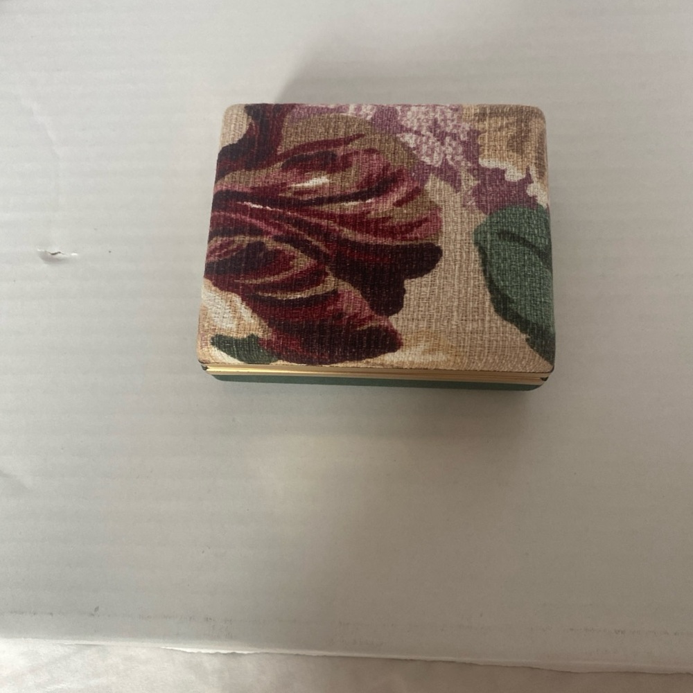 Vintage Floral Fabric Mirror Hard Box Jewelry Clamshell Case Compact Travel